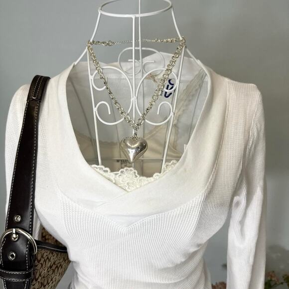 NWT Cute vintage y2k white tight long sleeve Henley grunge v neck top - Picture 4 of 8
